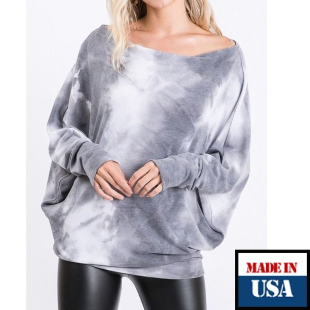 Gray/White Hacci Top with Dolman Sleeves